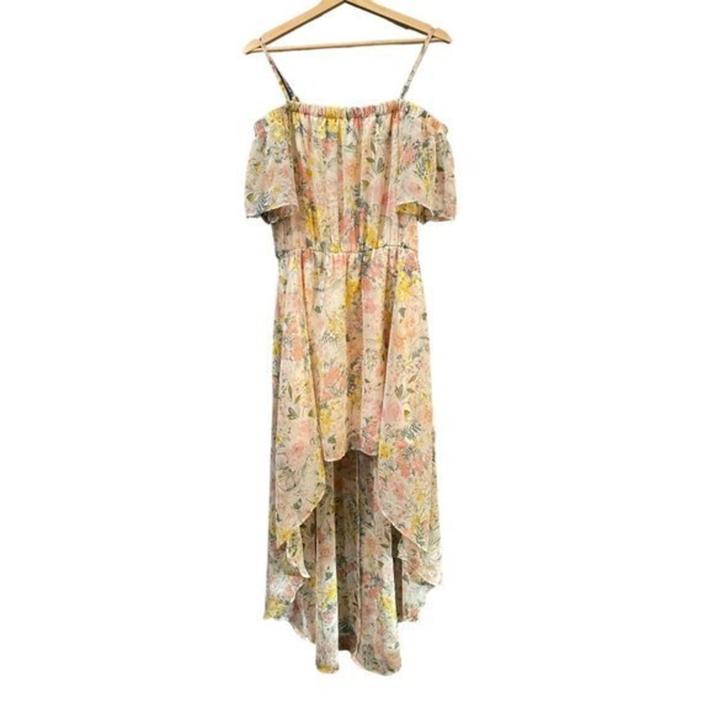 As U Wish Floral High Low Maxi Dress Off Shoulder Cottagecore Boho Pink Yellow L